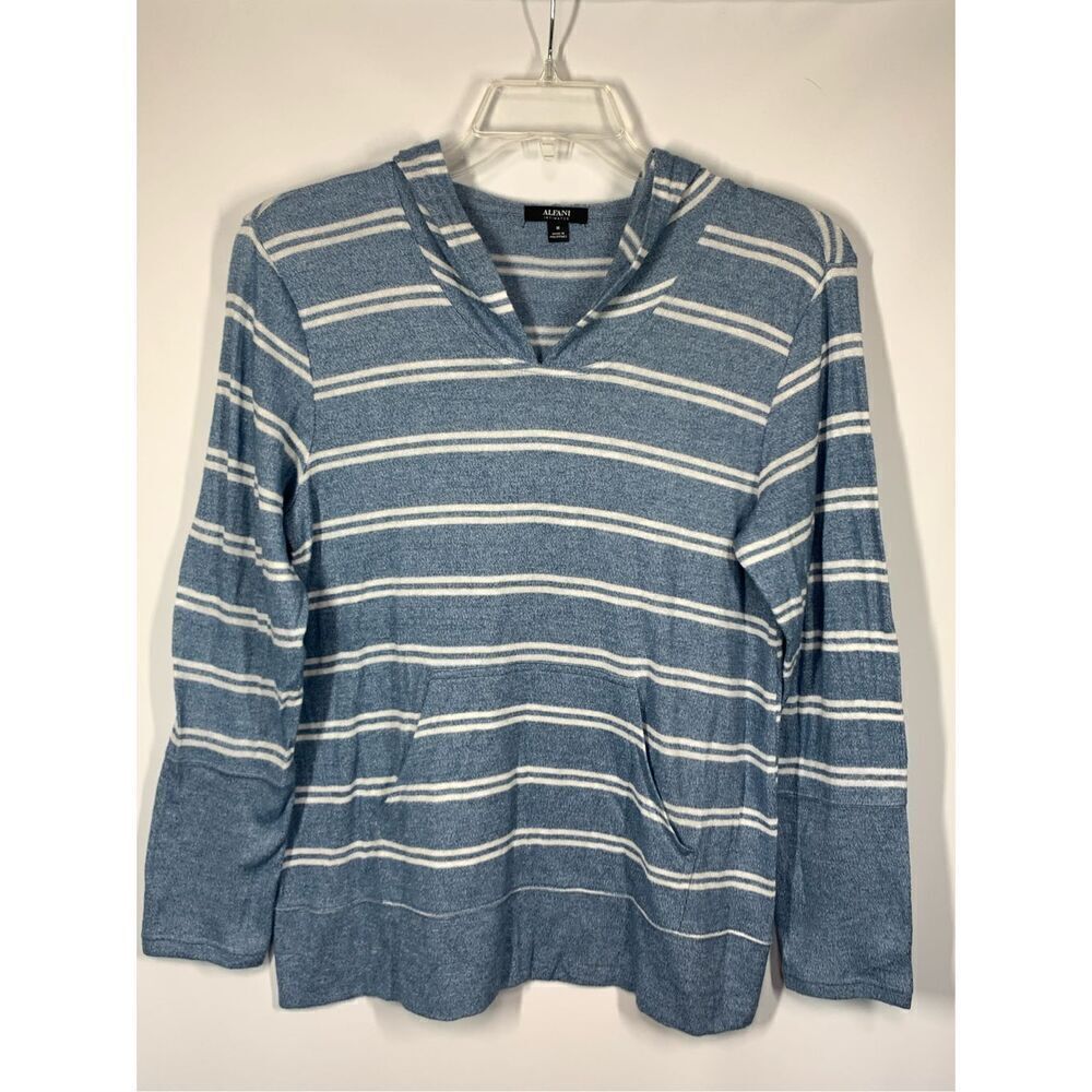 -1. Alfani Intimates Women's Striped Knit Hoodie Pajama Top Blue White Size Medi
